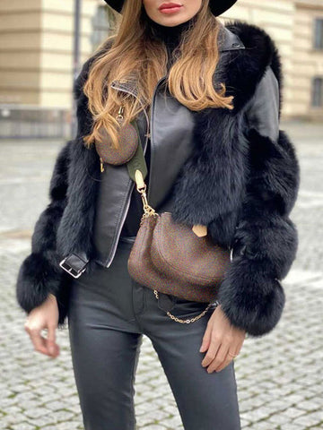 Airchics manteau avec fausse fourrure simili cuir col revers mode femme noir